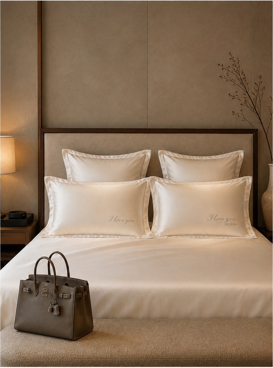 The Amoureux Pillowcase Set in Ivory — Styled on a bed — the Amoureux set in warm, quiet light thumbnail
