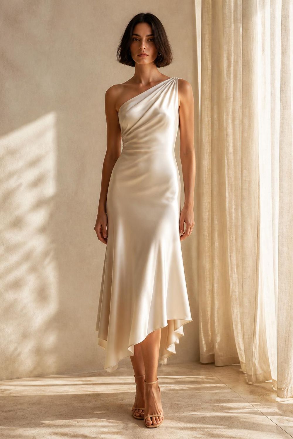 The Aria One-Shoulder Midi in Cream — washable mulberry silk dress by Scarlett Adele, photographed in warm Australian and Los Angeles light.