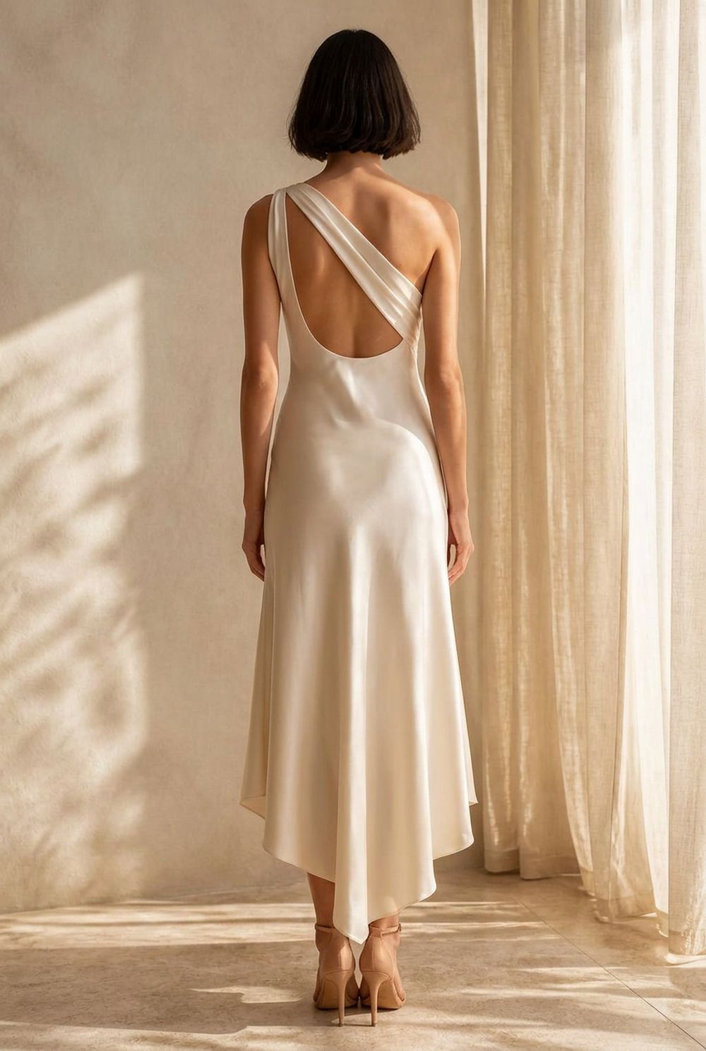 The Aria One-Shoulder Midi in Cream — Back — open scoop beneath the strap thumbnail