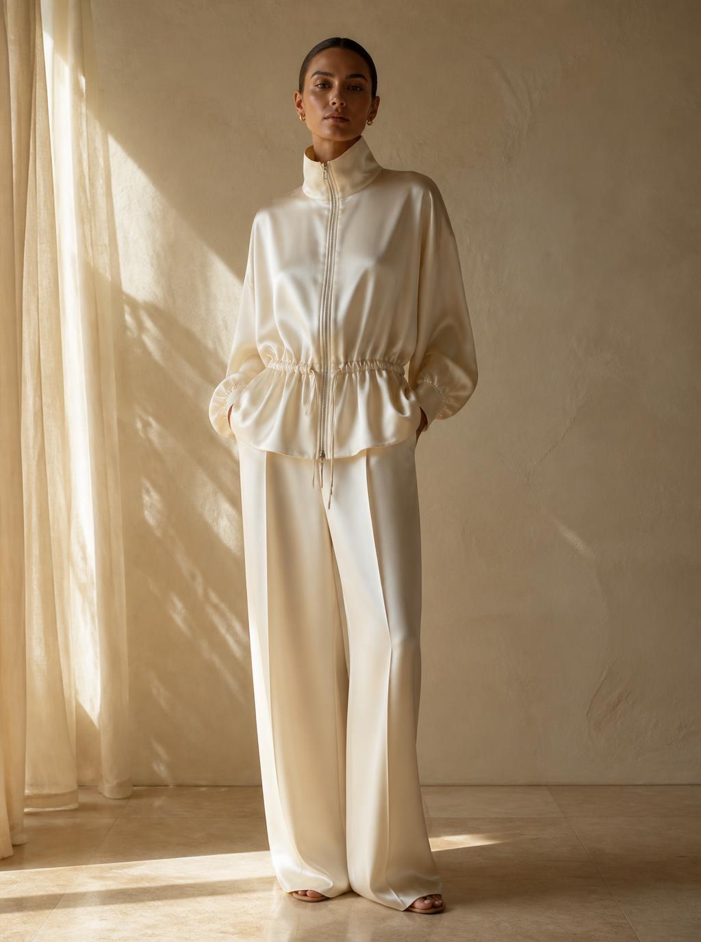 The Astrid Funnel Jacket in Ivory — washable mulberry silk dress by Scarlett Adele, photographed in warm Australian and Los Angeles light.