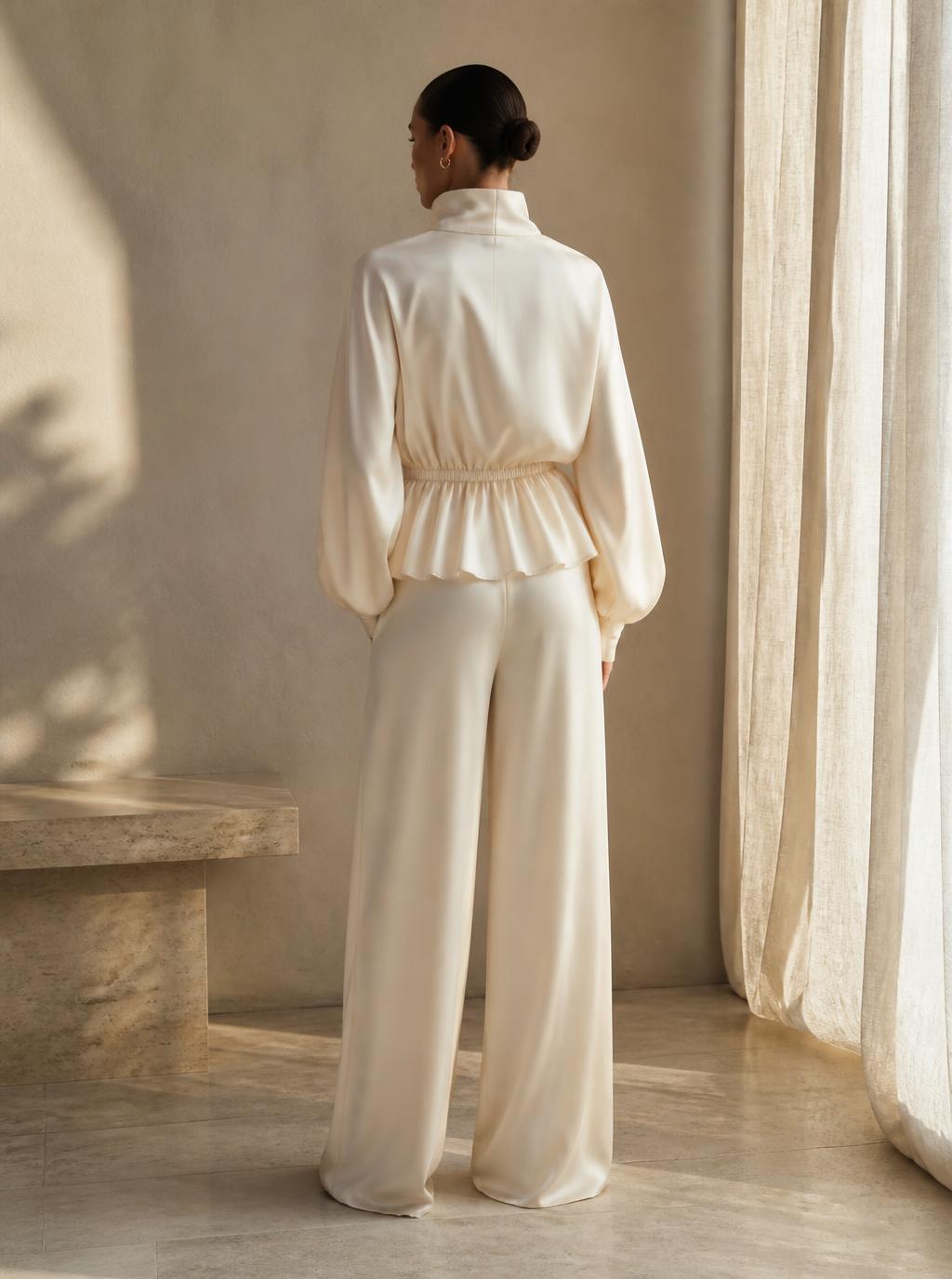 The Astrid Funnel Jacket in Ivory — Back — clean yoke, gathered peplum thumbnail