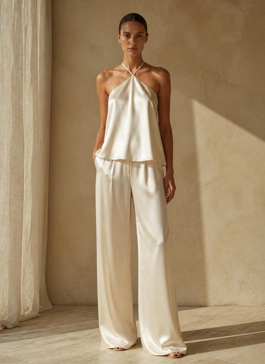 The Céline Halter Set in Ivory — washable mulberry silk dress by Scarlett Adele, photographed in warm Australian and Los Angeles light.