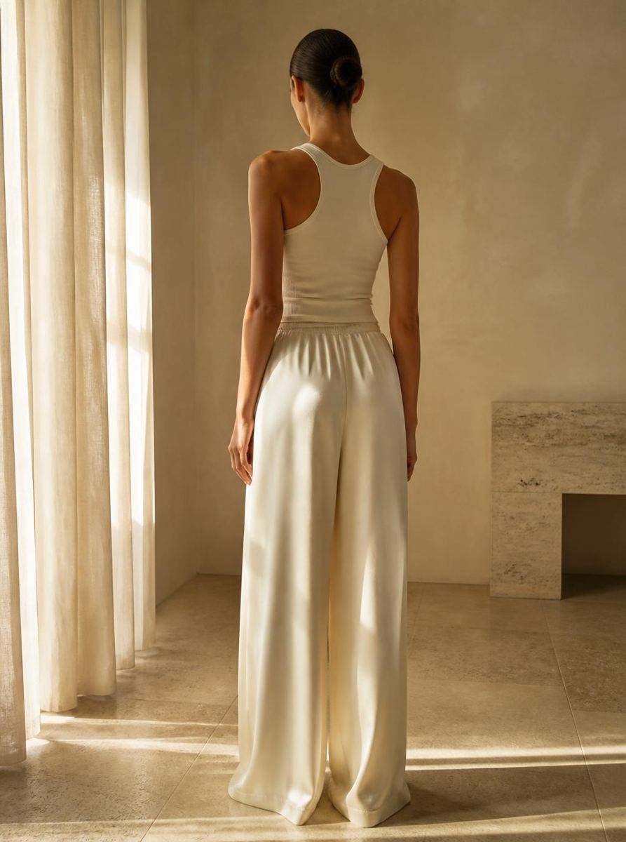 The Céline Silk Pant in Ivory — Back — elasticated waist, fluid leg thumbnail