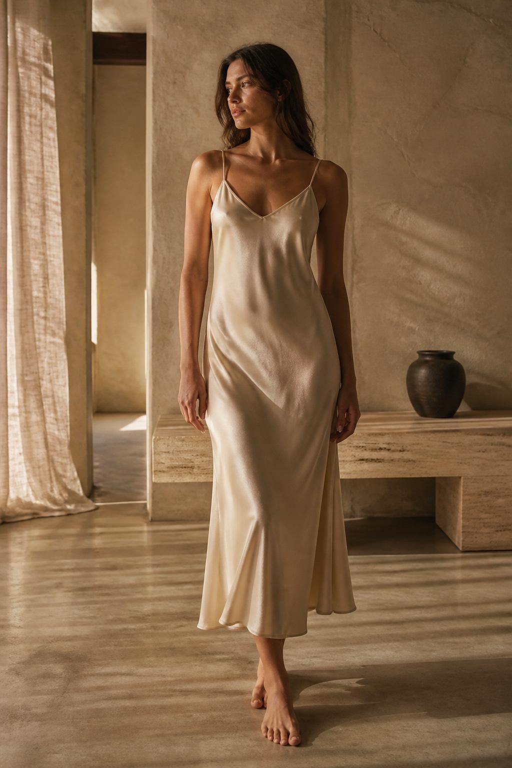 The Odette Slip in Champagne — washable mulberry silk dress by Scarlett Adele, photographed in warm Australian and Los Angeles light.