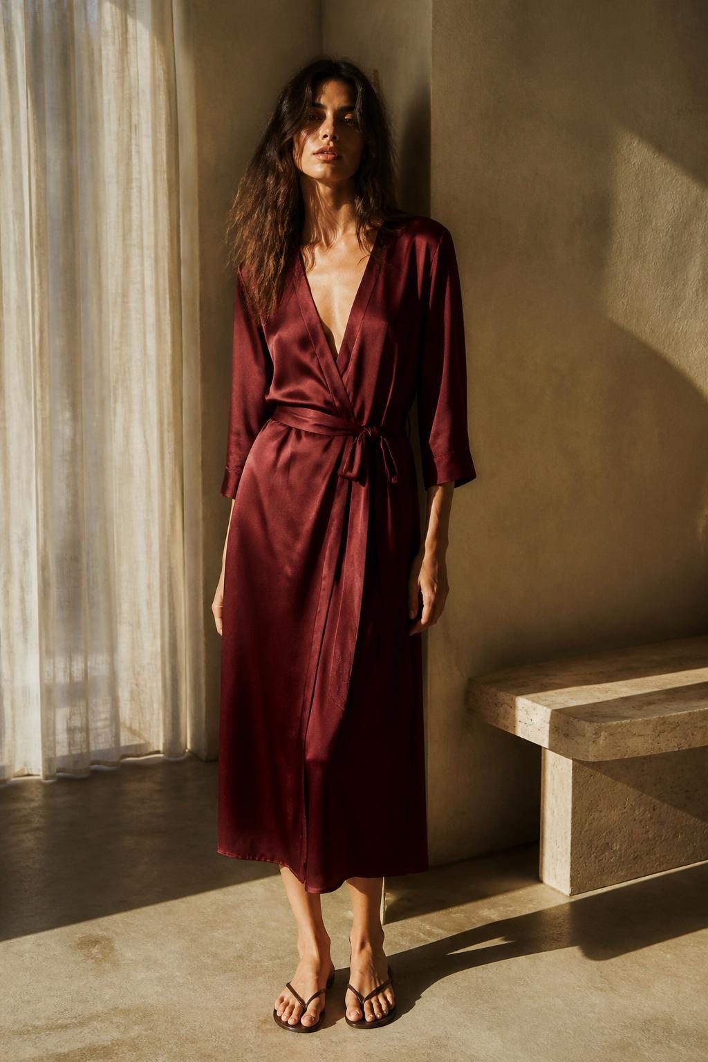Morning Wrap Dress in Deep Scarlet — washable mulberry silk dress by Scarlett Adele, photographed in warm Australian and Los Angeles light.