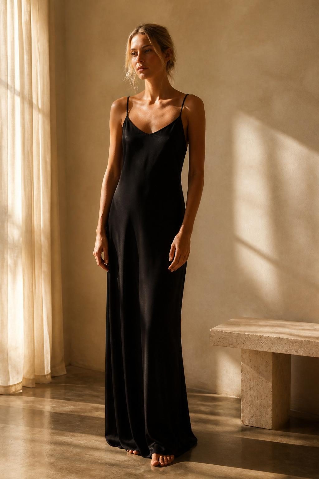 The Nightfall Gown in Onyx — washable mulberry silk dress by Scarlett Adele, photographed in warm Australian and Los Angeles light.