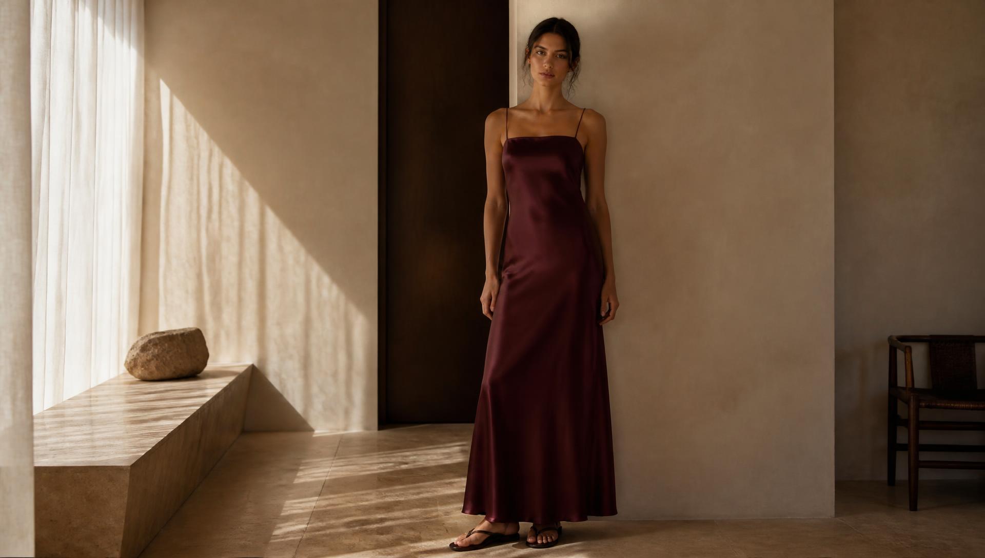 The Vera Bias Gown in deep bordeaux washable mulberry silk satin — straight neckline in front, open V back, photographed in warm limewash and travertine light for Scarlett Adele.