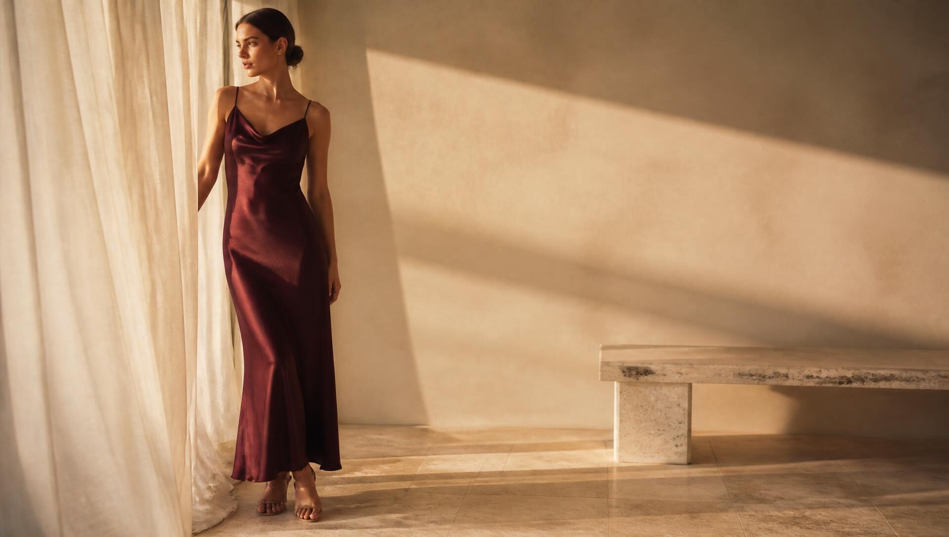Scarlett Adele editorial — model in a bordeaux washable mulberry silk slip gown beside sheer linen curtains, limewash walls and travertine floors in raking golden light.