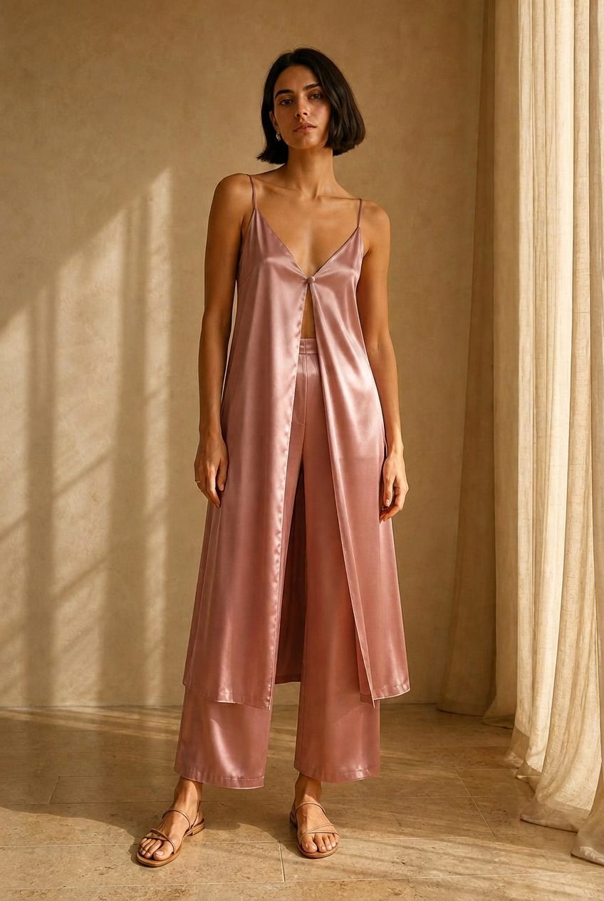 The Elodie Slip Set in Dusty Rose — washable mulberry silk dress by Scarlett Adele, photographed in warm Australian and Los Angeles light.