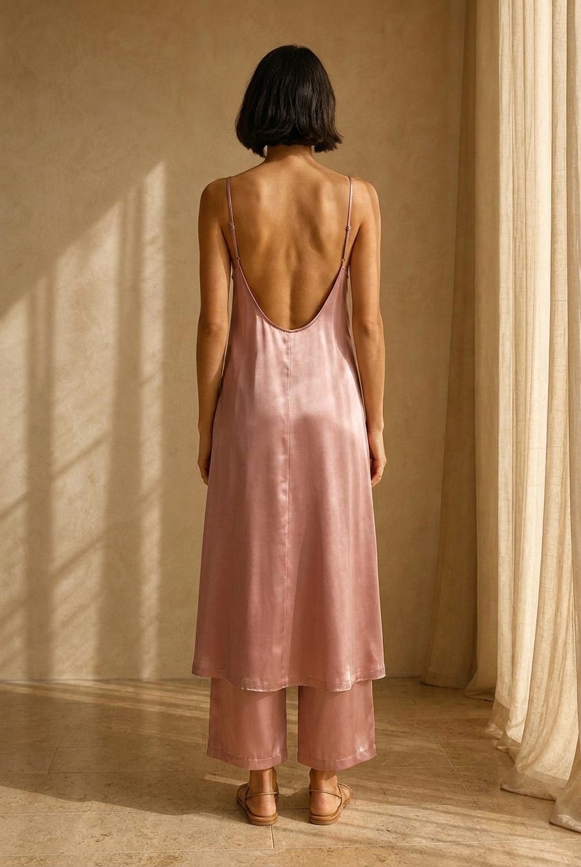The Elodie Slip Set in Dusty Rose — Back — low scooped back, adjustable straps thumbnail