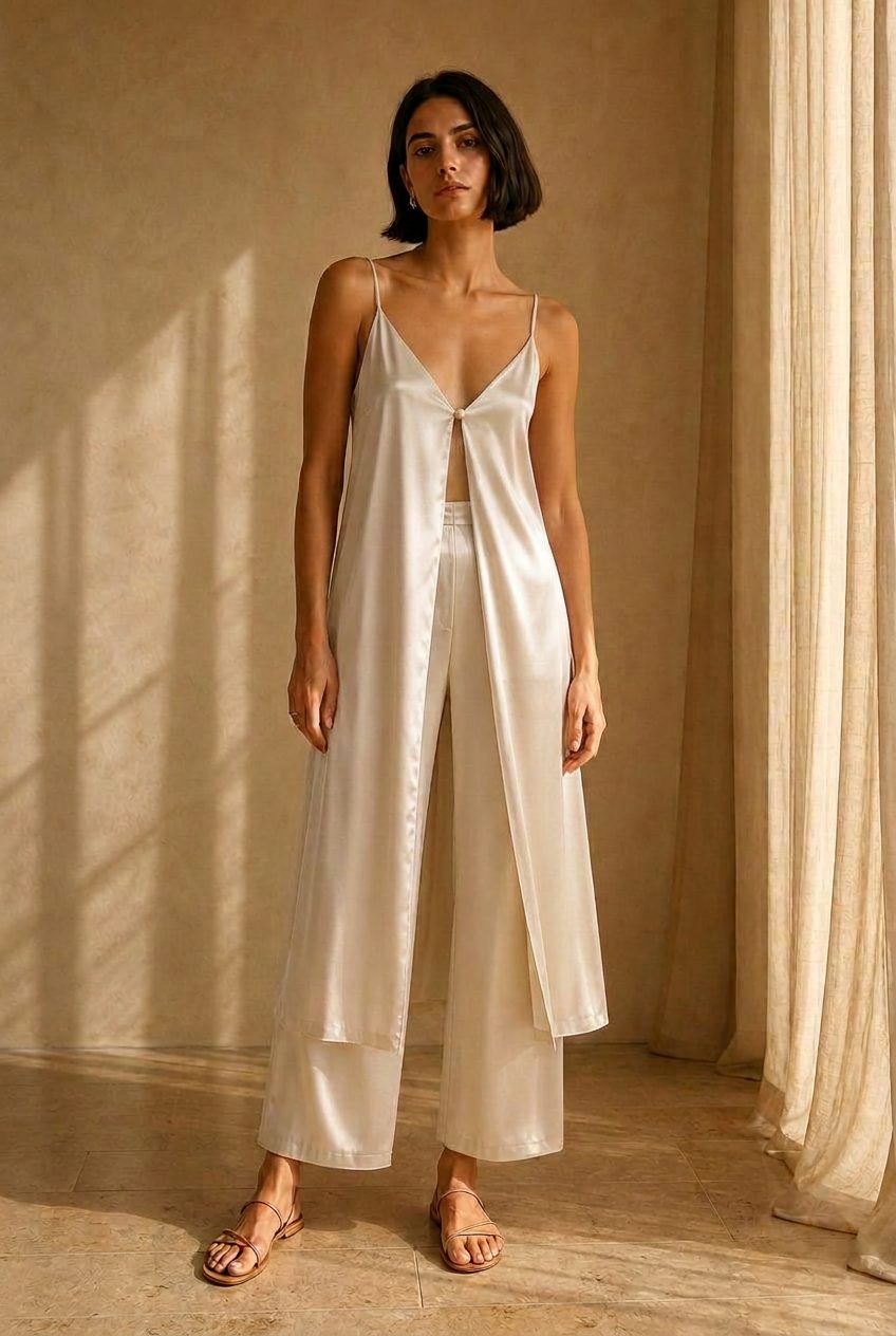 The Elodie Slip Set in Ivory — washable mulberry silk dress by Scarlett Adele, photographed in warm Australian and Los Angeles light.