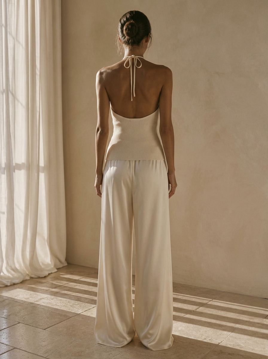 The Céline Silk Cotton Halter Tank in Cream — Back — self-tie strap, open scoop thumbnail
