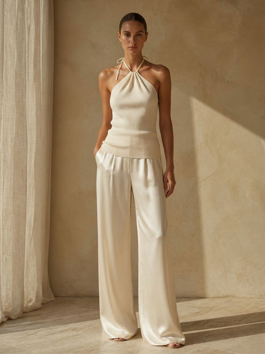 The Céline Silk Cotton Halter Tank in Cream — washable mulberry silk dress by Scarlett Adele, photographed in warm Australian and Los Angeles light.