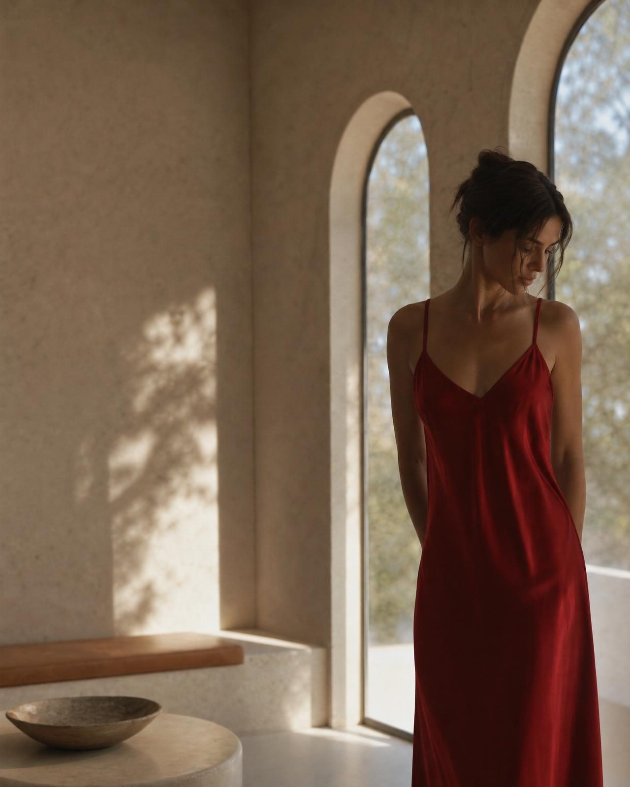 Scarlett Adele model wearing a deep scarlet washable mulberry silk slip dress, photographed against a warm limewashed stone wall in raking golden California light.