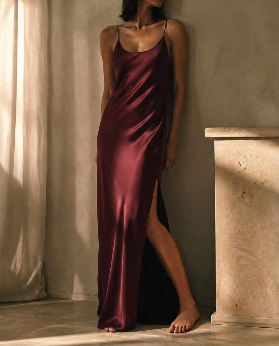 The Indira Column in Bordeaux — washable mulberry silk dress by Scarlett Adele, photographed in warm Australian and Los Angeles light.
