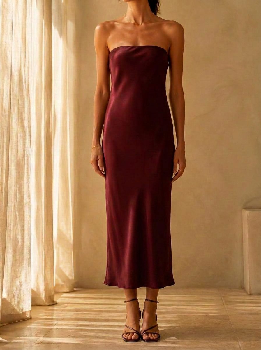 The Juno Strapless Column in Bordeaux — washable mulberry silk dress by Scarlett Adele, photographed in warm Australian and Los Angeles light.