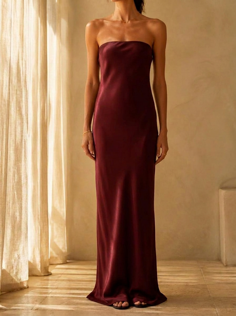 The Juno Strapless Column in Bordeaux — washable mulberry silk dress by Scarlett Adele, photographed in warm Australian and Los Angeles light.