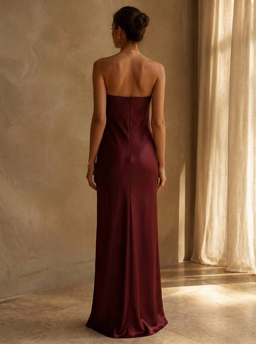 The Juno Strapless Column in Bordeaux — Back — bare shoulders, concealed centre seam thumbnail