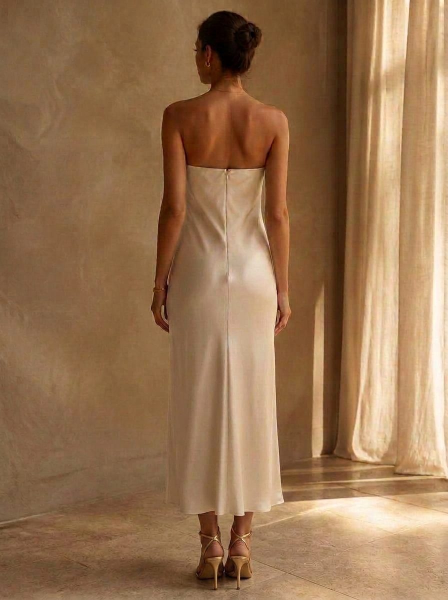 The Juno Strapless Column in Cream — Back — bare shoulders, concealed centre seam thumbnail