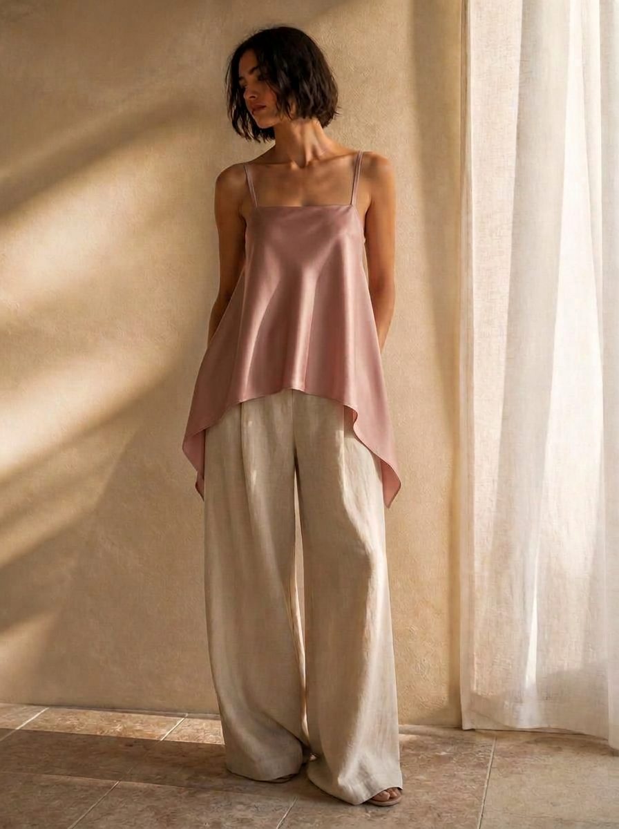 The Lila Silk Camisole in Dusty Rose — washable mulberry silk dress by Scarlett Adele, photographed in warm Australian and Los Angeles light.