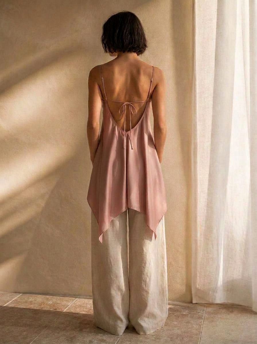 The Lila Silk Camisole in Dusty Rose — Back — low open back with self-fabric tie thumbnail