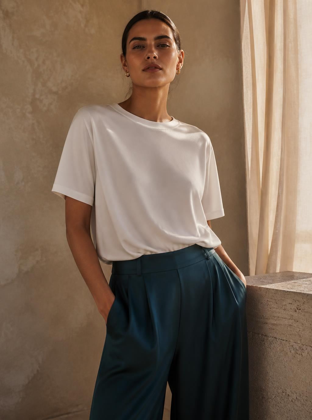 The Margo Tee in White — washable mulberry silk dress by Scarlett Adele, photographed in warm Australian and Los Angeles light.