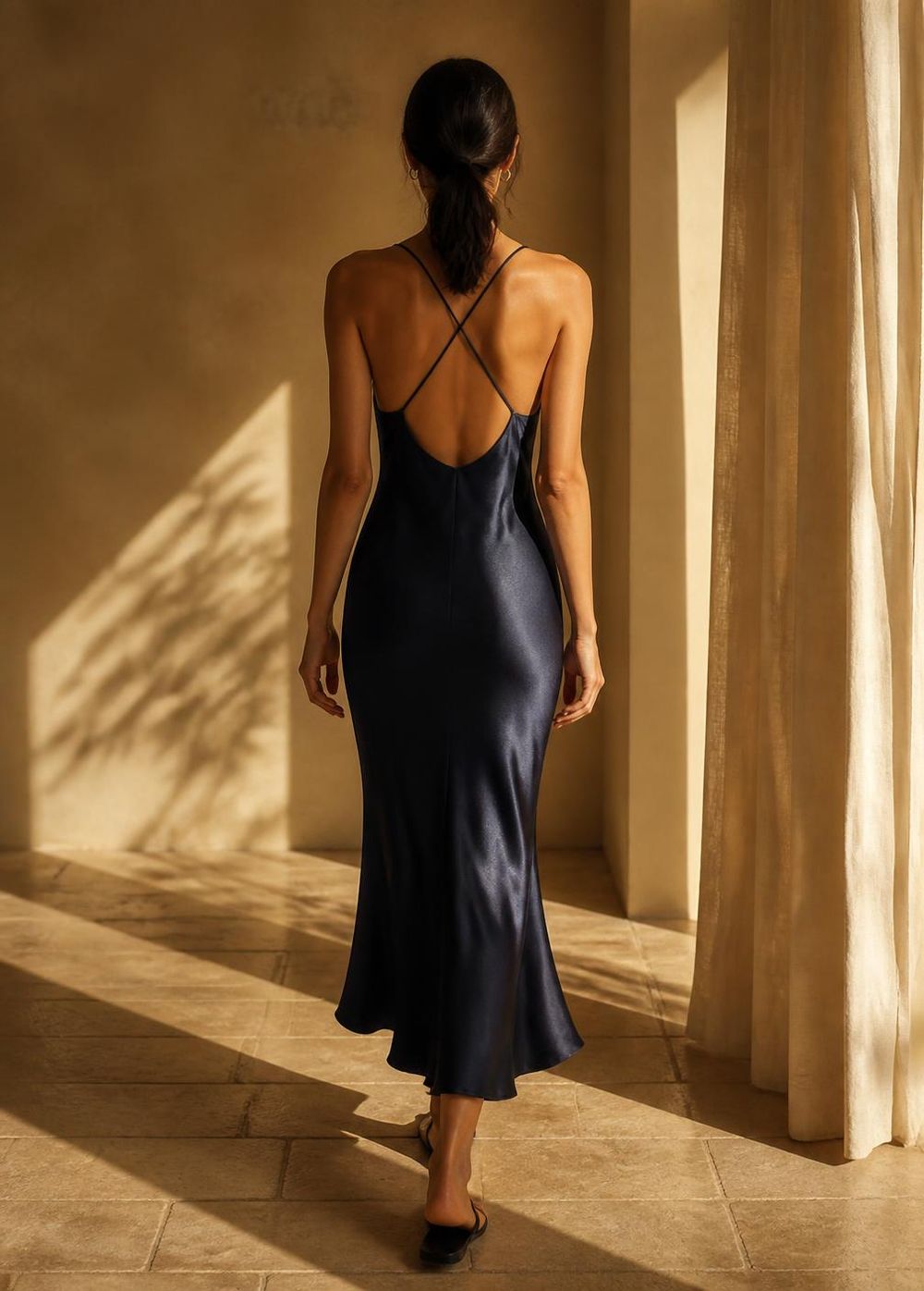 The Mira Bias Slip in Midnight Navy — Back — low scoop, crossed straps thumbnail