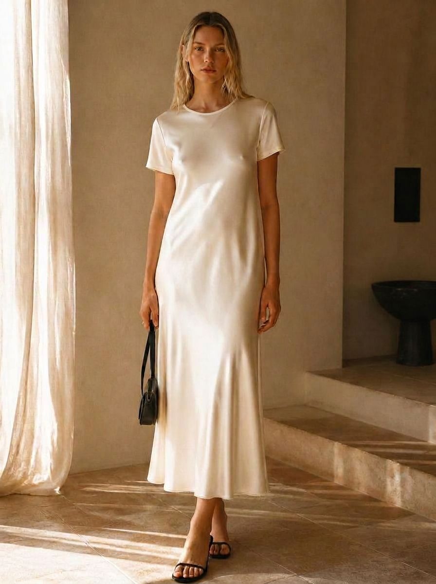 The Nell Silk T-Shirt Dress in Ivory — washable mulberry silk dress by Scarlett Adele, photographed in warm Australian and Los Angeles light.