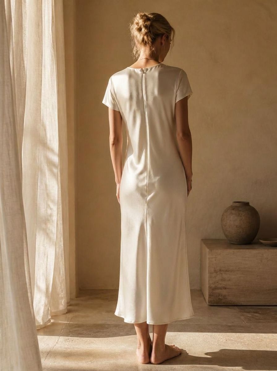 The Nell Silk T-Shirt Dress in Ivory — Back — concealed centre zip thumbnail