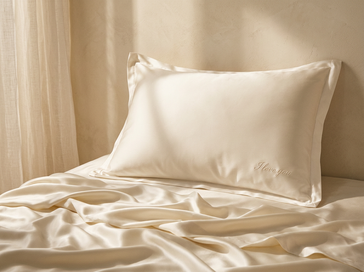 The Amoureux Pillowcase Set in Ivory — Detail — tone-on-tone script embroidery thumbnail