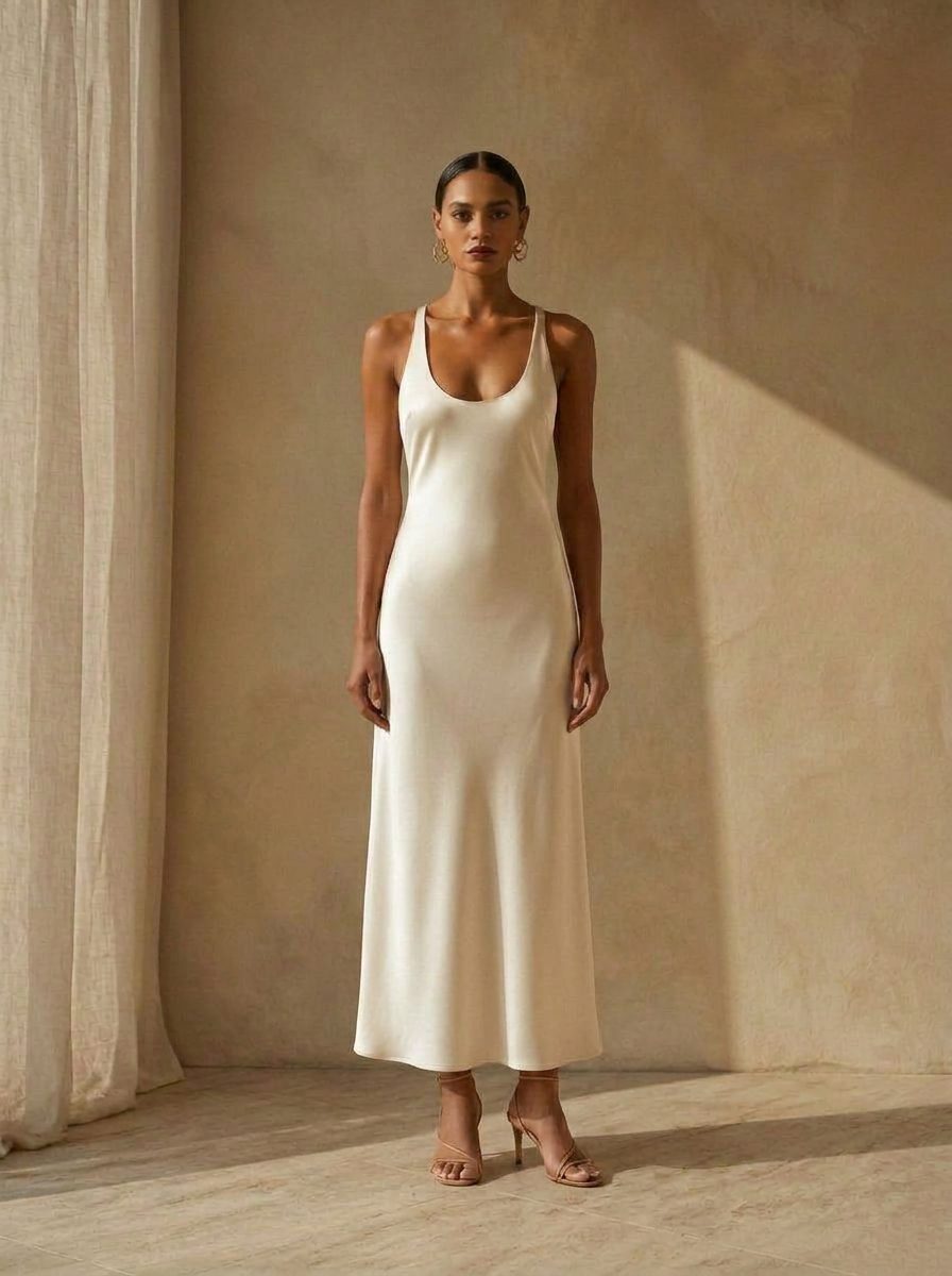 The Rowan Racerback Column in Pearl Ivory — washable mulberry silk dress by Scarlett Adele, photographed in warm Australian and Los Angeles light.