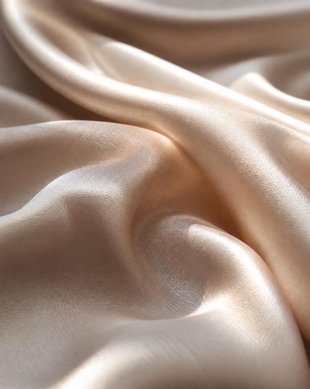 Macro close-up of champagne washable mulberry silk charmeuse with soft, luminous folds catching warm morning light against a travertine surface.