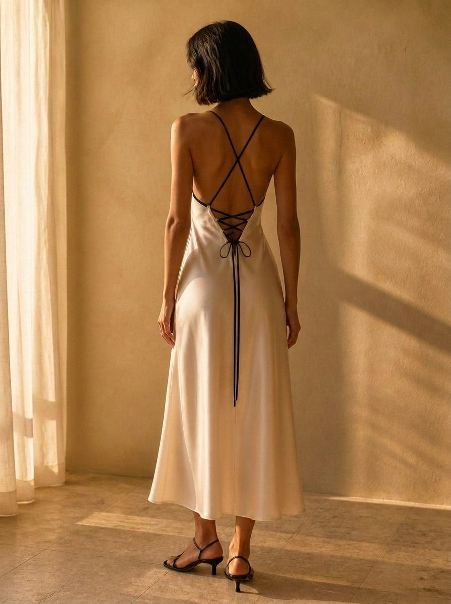 The Sylvie Lace-Back Midi in Ivory — Back — crossed straps and laced tie thumbnail