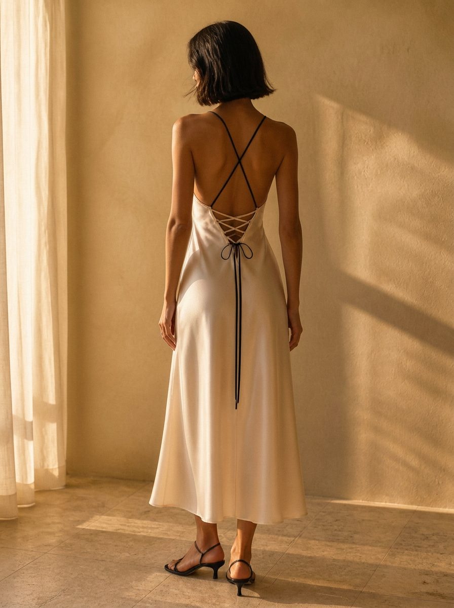 The Sylvie Lace-Back Midi in Ivory — Back — crossed straps and laced tie thumbnail