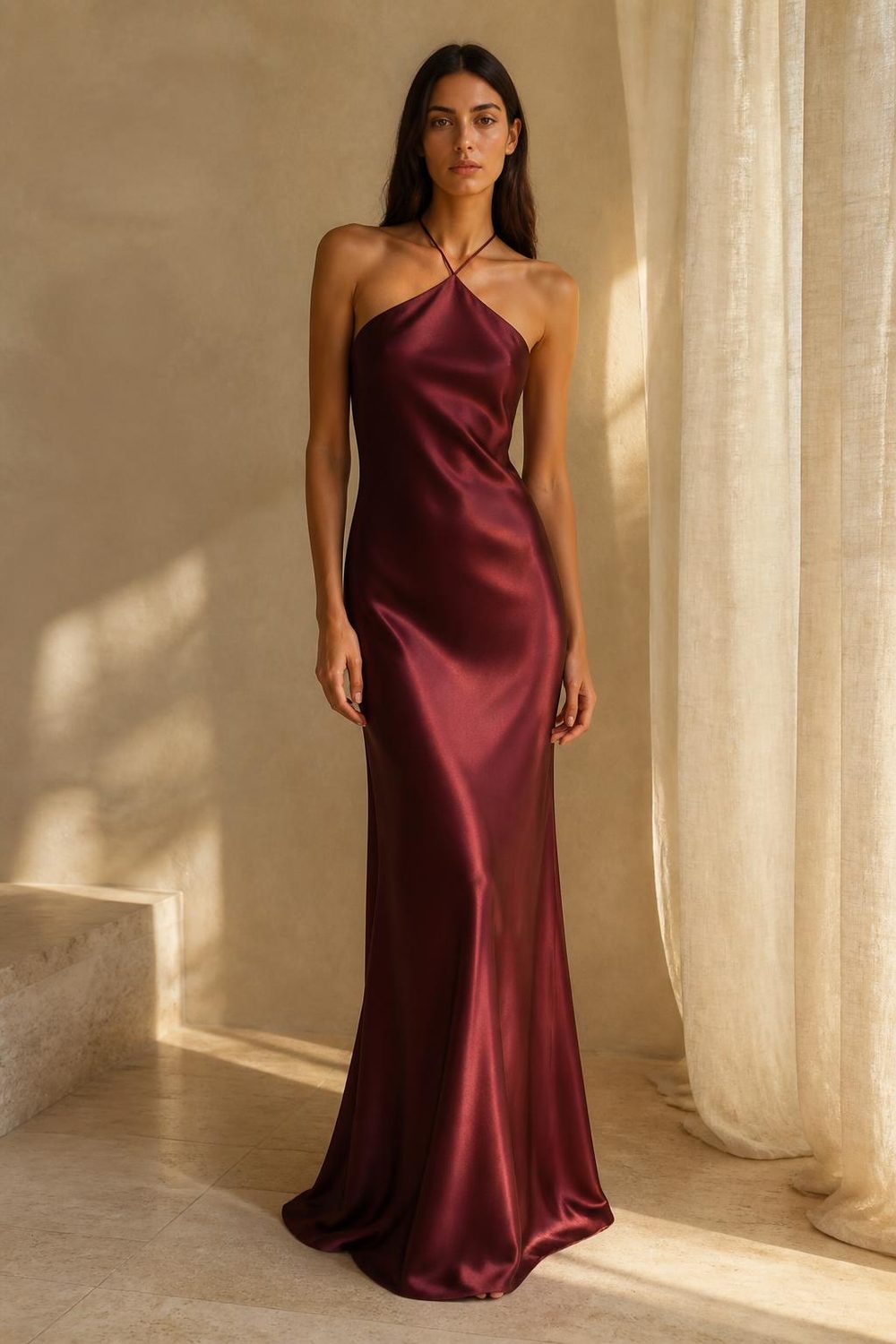 The Thea Halter Gown in Bordeaux — washable mulberry silk dress by Scarlett Adele, photographed in warm Australian and Los Angeles light.