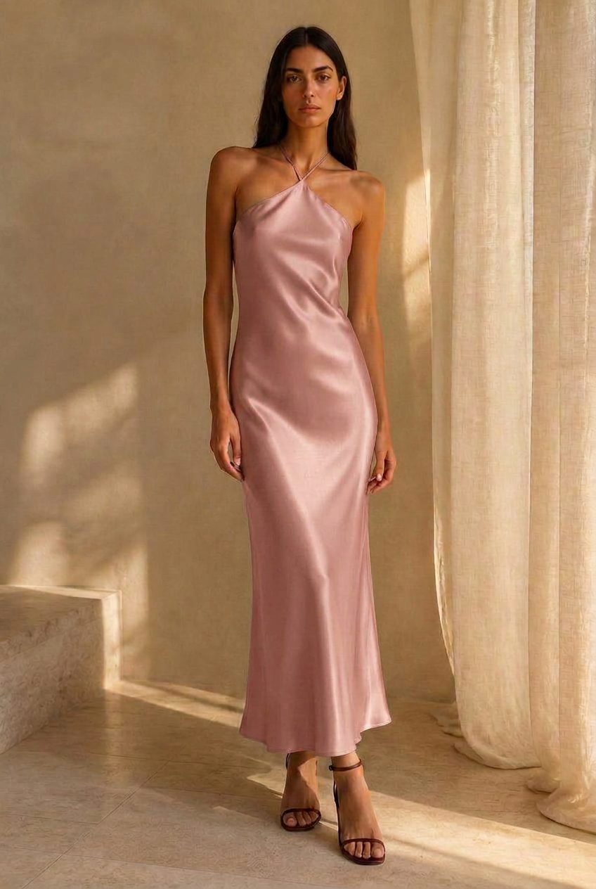 The Thea Halter Gown in Dusty Rose — washable mulberry silk dress by Scarlett Adele, photographed in warm Australian and Los Angeles light.