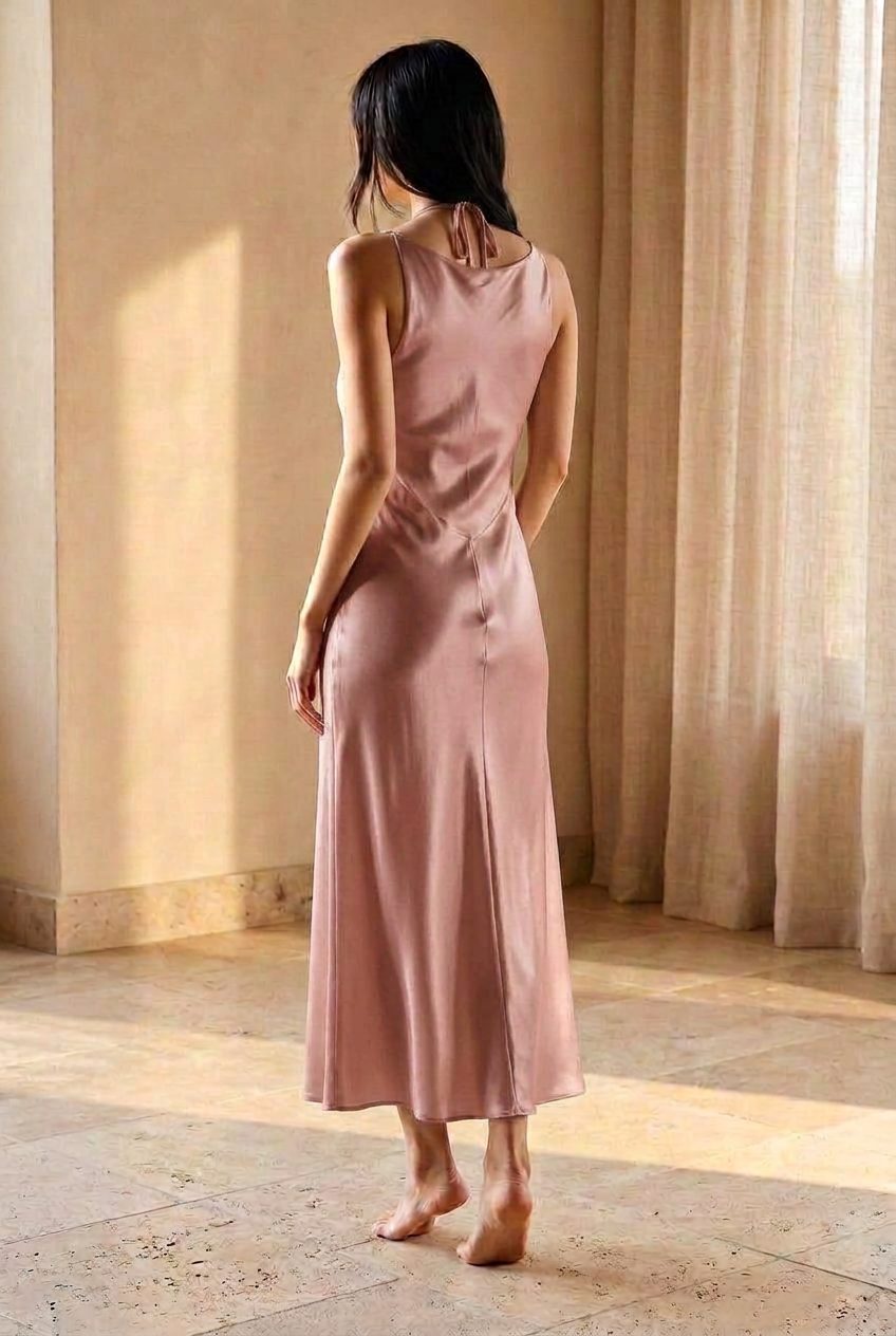 The Thea Halter Gown in Dusty Rose — Back — softly scooped beneath the tie thumbnail