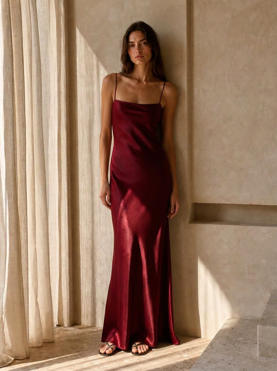 The Vera Bias Gown in Bordeaux — washable mulberry silk dress by Scarlett Adele, photographed in warm Australian and Los Angeles light.