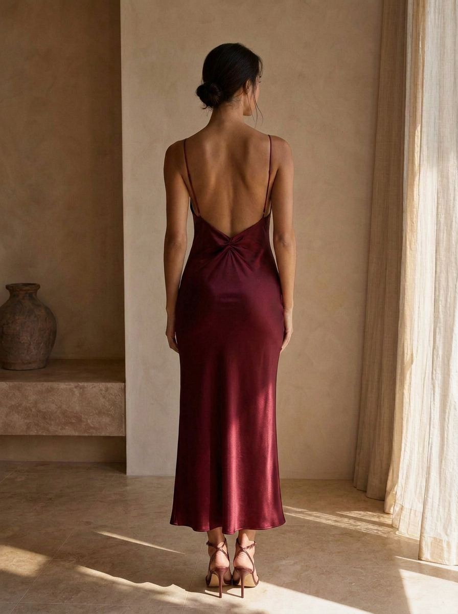 The Vera Bias Gown in Bordeaux — Back — deep open V, bias fall thumbnail
