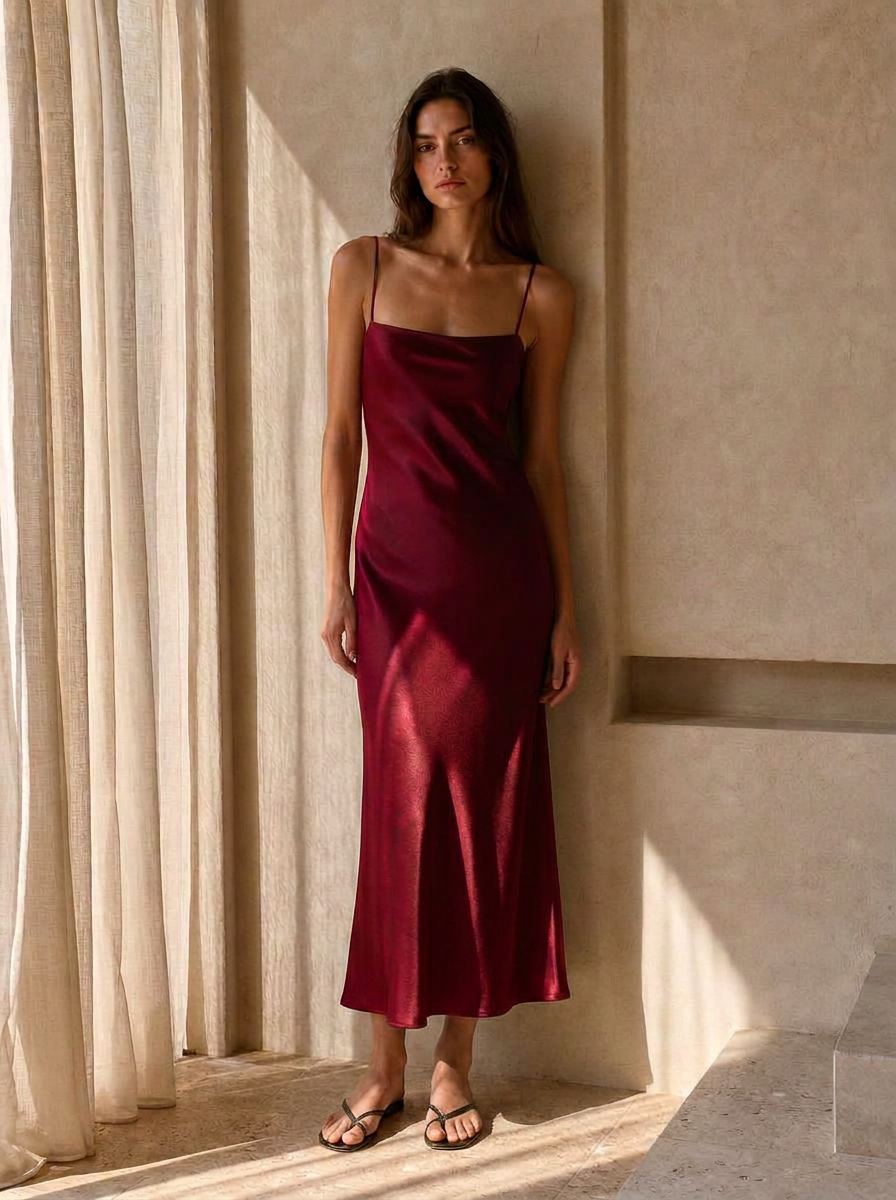 The Vera Bias Gown in Bordeaux — washable mulberry silk dress by Scarlett Adele, photographed in warm Australian and Los Angeles light.